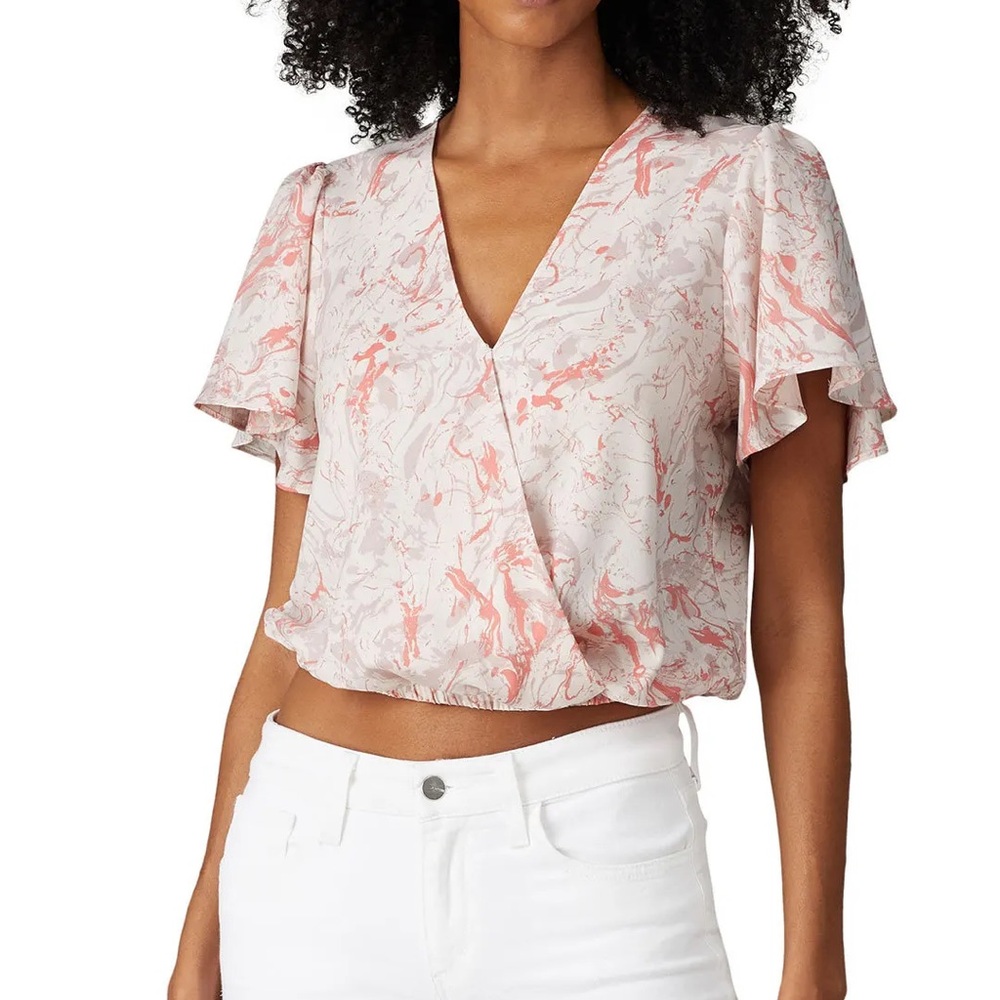 ASTR Women's White Floral Print Flutter Sleeve Surplice Wrap Short Blouse Top M